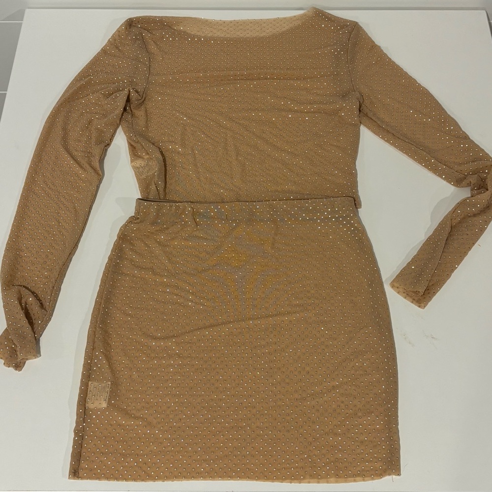 SHEIN Tan Bodycon Dress with Bishop Sleeves and Ruched Detail